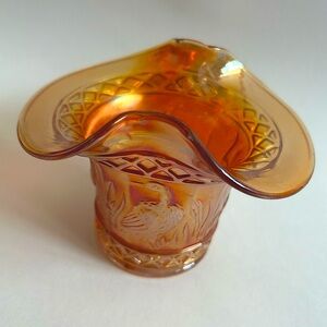 Antique Dugan Carnival Glass Stork and Rushes Marigold Lattice Hat Vase Vintage